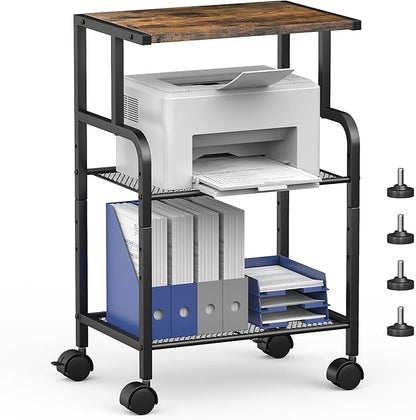 Alexayhome Printer Cart with Wheels,Small Printer Stand with Storage, Printer Table for Home Office, 3 Tier Cart with Adjustable Shelf, Supports Up to 80 Lbs for Home Office, Kitchen, Living Room