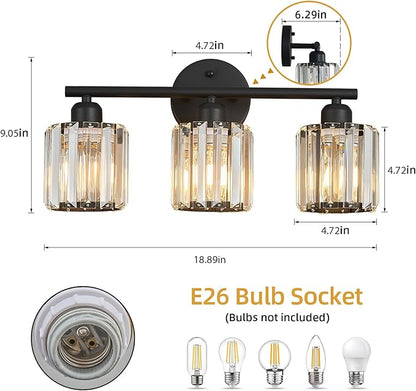 FDPBY Modern 3 Light Crystal Vanity Light, Black Vertical Bathroom Light Fixture Over Mirror for Dressing Table Sink, Compatible with Dimmable Bulbs (Bulbs Not Included)