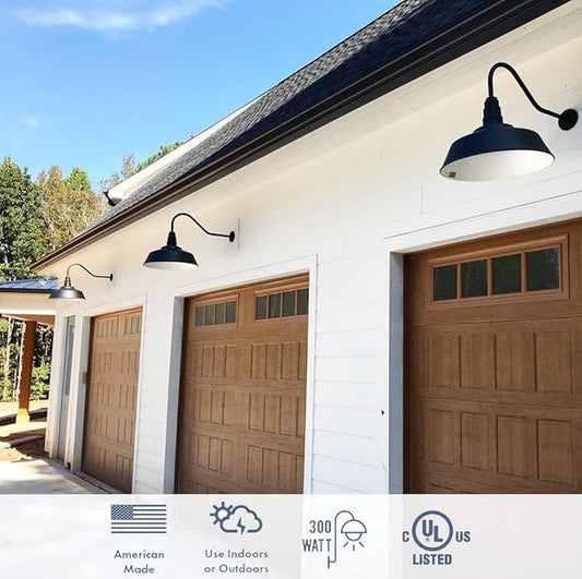 Steel Lighting Co. Large Outdoor Barn Light | Gooseneck Light Fixture | Made in America from 18-Gauge Steel | 20" Dome | 23" Gooseneck Black Exterior/White Interior