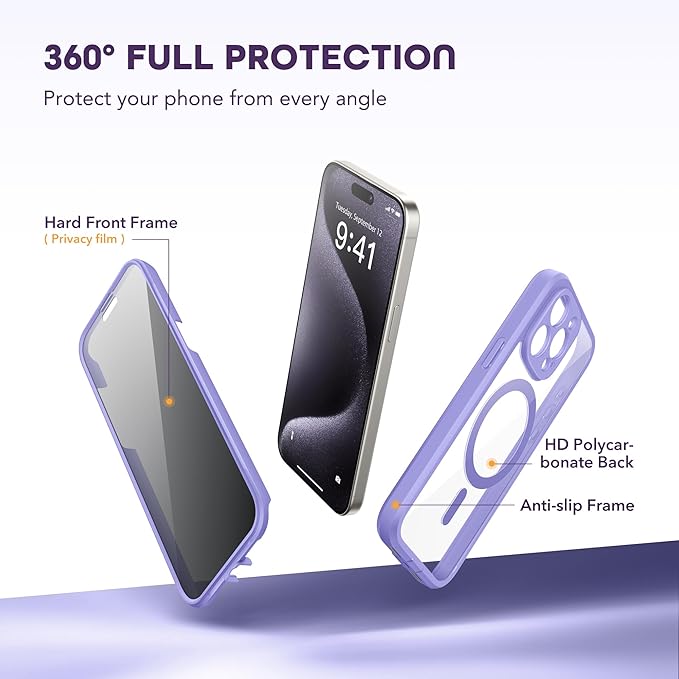 Magnetic for iPhone 15 Pro Max Case, Compatible with MagSafe, Built-in Privacy Screen Protector and Camera Protection, Anti Spy Full Body Dustproof Shockproof Hard Phone Case 6.7",Light Purple