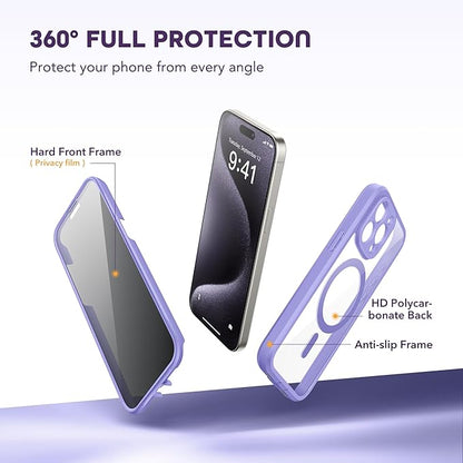 Magnetic for iPhone 15 Pro Max Case, Compatible with MagSafe, Built-in Privacy Screen Protector and Camera Protection, Anti Spy Full Body Dustproof Shockproof Hard Phone Case 6.7",Light Purple