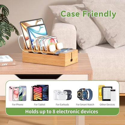 Pezin & Hulin Cell Phone Charging Station for Multi Devices, All in One Desktop Charger Organizer, with Power USB Charge Adapter and 6 Cables, Use As Power Strip Hidden Box -Natural Bamboo Color