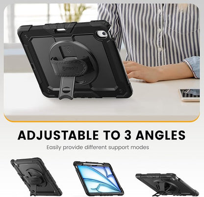 timecity for iPad Air 13 Inch Case M3 2025/ M2 2024, 360° Rotating Stand, Pencil Holder & Wireless Charging, Shockproof with Screen Protector & Shoulder Strap - for Designers & Professionals, Black