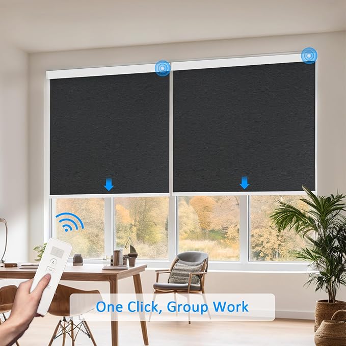 COOLWINDS Motorized Blinds with Remote Cordless Automatic Motorized Shades Custom Blinds for Windows Smart Curtains Compatible with Alexa Google Home(Blackout Jacquard Black,W37 x H72in)
