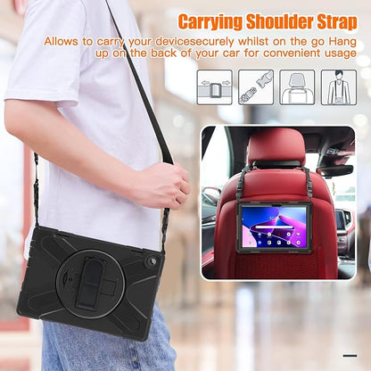 Junfire Shockproof Case for Lenovo Tab M10 3rd Gen 10.1 inch 2022, Heavy Duty Rugged Case with Hand Strap/360°Rotating Kickstand/Shoulder Belt for TB-326FU/TB-328XU,Black