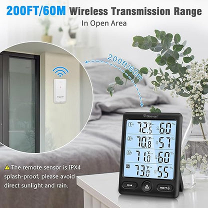 Geevon Indoor Outdoor Thermometer Wireless 3 Remote Sensors, 5-Inch Display Digital Hygrometer Thermometer Temperature Humidity Monitor with 8S Backlight, Battery-Powered (Black)