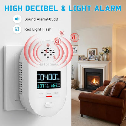 Carbon Monoxide Detectors, Plug in Natural Gas Leak Detector, 4-in-1 Carbon Monoxide Alarm with CO Gas Temp Humidity Sensor, Clear LCD Display Sound & Light Warning for Home, RV, Apartment, Hotel