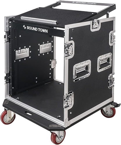 Sound Town High-Quality 1/2” (12mm) Plywood 12U PA DJ Pro Audio Rack/Road ATA Case with 12U Slant Mixer Top, Locking Drawer, 20.2’’ Rackable Depth and Casters (STMR-12D2)
