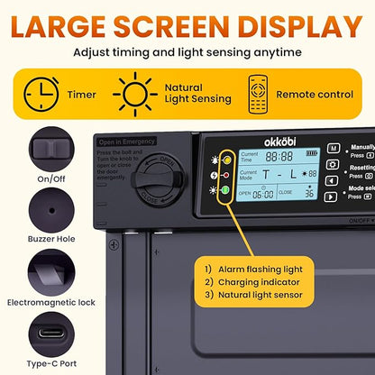 Okköbi Automatic Chicken Coop Door PRO - Light Sensor & Timer - Anti-Pinch Function - Wide Opening - New Model - Solar Powered with LCD Display - 5 Year Protection