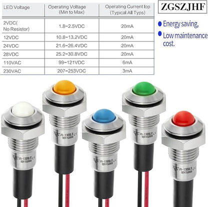 ZGSZJHF UL Listed Mini Indicator Light 8mm 0.31" Waterproof IP67 110V-120V Domed Sphere High Head Metal 304-Stainless Steel LED Lamp Pilot Light with 140mm Wire