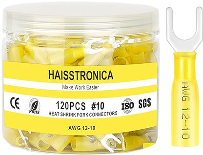 haisstronica 330PCS Heat Shrink Fork Spade Connectors #10 Waterproof Marine Grade Fork Terminal Connectors U-Type Blue Red Yellow 22-10 Gauge