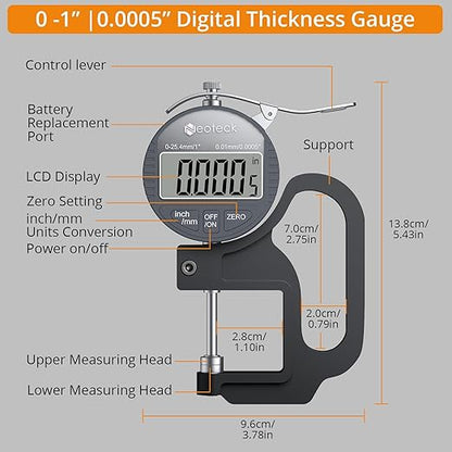 Neoteck Digital Thickness Gauge 1inch/25.4mm,0.0005inch/0.01mm LCD Display with Inch/MM Conversion One-Hand Quick Press Thickness Measuring Tool for Leather Paper Fabric Film etc.-Silver-Grey