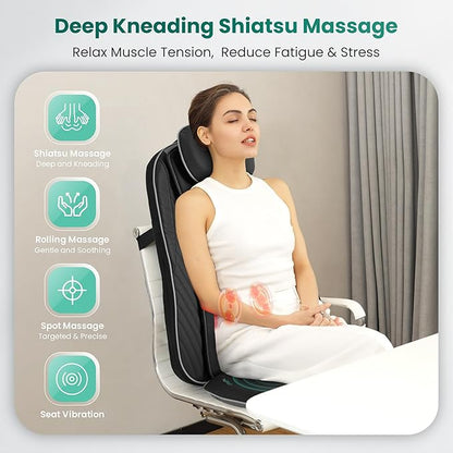 Snailax Christmas Gifts for Dad,Mom Shiatsu Back Massager with Heat & Vibration, 3D Kneading Massage Chair Pad for Pain Relief Deep Tissue, Chair Massager for Office Home Chair Use