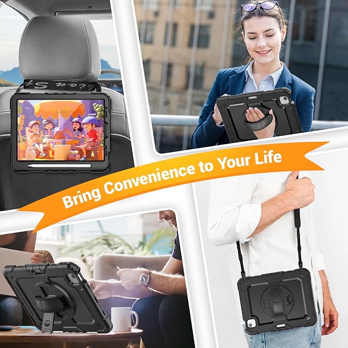 SEYMAC for iPad Air 5th/ 4th Generation Case 10.9 Inch, Full-Body Shockproof Protective Case with Screen Protector, Rotating Stand/Handle/Shoulder Strap/Pencil Holder for iPad Air 5/ Air 4, Black