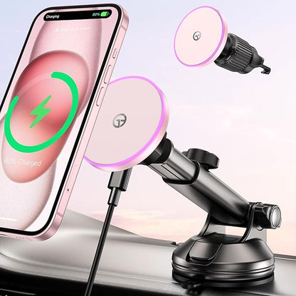 for MagSafe Car Mount Charger Dash/Windshield/Vent Wireless Car Charger with [LED Light], Strong Magnetic Phone Holder for Car for iPhone 16 15 14 13 12 Series, Fit MagSafe Accessories (Pink)