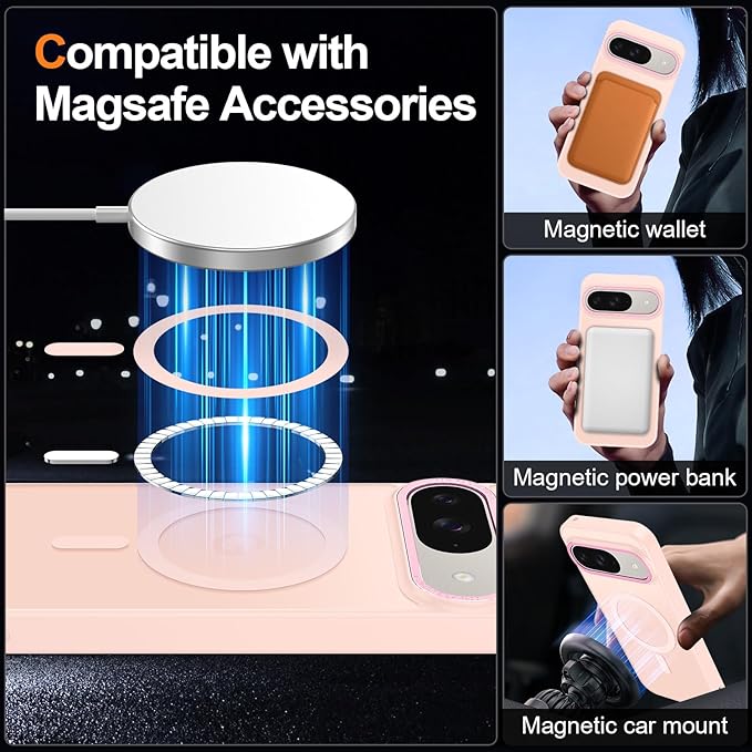 Magnetic for Google Pixel 9/Pixel 9 Pro Case, [Military Grade Drop Protection] [Compatible with MagSafe] Shockproof Slim Translucent Matte Anti-Slip for Women Girls Men Case, Pink
