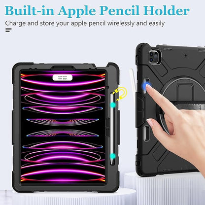 Case for iPad Pro 12.9 2022/2021/ 2020/2018: Cover for iPad Pro 12.9 6th/ 5th/ 4th/ 3rd Generation with Screen Protector- Stand- Pencil Holder- Handle- Shoulder Strap Black