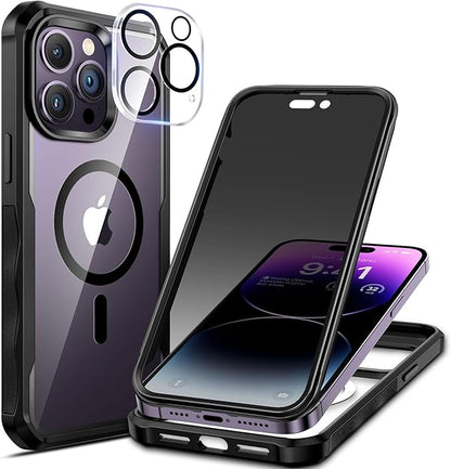 seacosmo for iPhone 14 Pro Max Case, Full Body Bumper with Built-in 9H Tempered Glass Privacy Screen Protector and Camera Lens Protector, Compatible with MagSafe, Shockproof Phone Cover, 6.7", Black