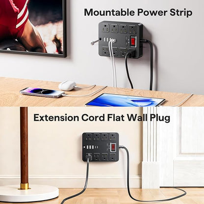 13 in 1 Surge Protector Power Strip Flat Plug 8 Widely AC Outlet 3 USB Ports,1250W/10A，5 ft Extension Cord with Multiple Outlets, Desk Extender for Dorm, Home,Travel， Office Essentials,ETL Listed