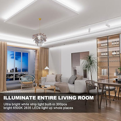 MY BEAUTY LIGHT White LED Strip Lights, 16.4ft Dimmable LED Light Strip with RF Remote, 300 Bright 6500K 2835 LEDs, Strong Adhesive LED Tape Light with Timing Mode for Mirror Bedroom Kitchen Cabinet