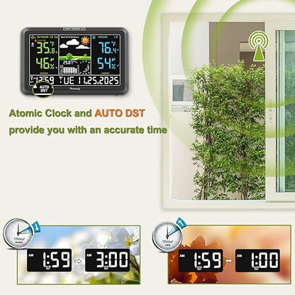 DreamSky Weather Station Indoor Outdoor Thermometer Wireless with Digital Atomic Clock for Home, Large Display with Dimmer, USB, Inside Outside Temperature Humidity Monitor (Adapter Powered)-3 Sensor