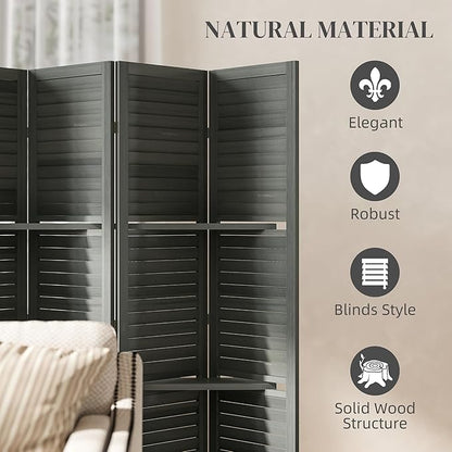 HOMCOM Room Divider, 6 Panel 67" Tall Wood Privacy Screen with 3 Display Shelves, and Folding Storage for Bedroom or Home Office, Gray