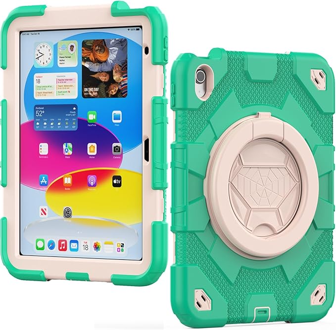 SCSVPN for iPad (A16) 11th/10th Generation Case 11 inch 2025/10.9 inch 2022, Rugged Shockproof Protective Silicone Case for Kids with Pencil Holder, Rotate Stand & Handle, Shoulder Strap - Mint Green