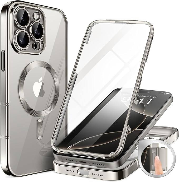 BERFY Magnetic for iPhone 16 Pro Case, Compatible with Magsafe, Built-in 9H Tempered Glass Screen Protector & Upgraded Camera Protection, Full-Body Plating Shockproof Phone Case for 16 Pro 6.3", Grey