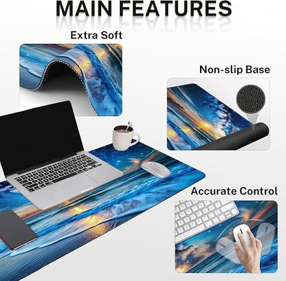 Britimes Blue Sea and Starry Sky Keyboard Mouse Pad Set 4in1 Large Mousepad+Keyboard Wrist Rest+Mouse Wrist Rest+Coaster Set with Ergonomic Design for Home Office Computer 35.4x15.7 inches