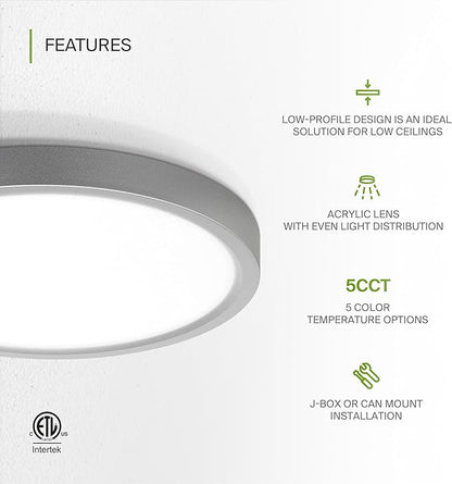 ASD LED 7" Round Flush Mount Ceiling Light Fixture, Low Profile Surface Lighting | 5CCT, Dimmable, Ultra-Thin, ETL Listed | 15W 1260LM 2700-6000K 120V | Kitchen, Hallway Lamp | Nickel, 12 Pack