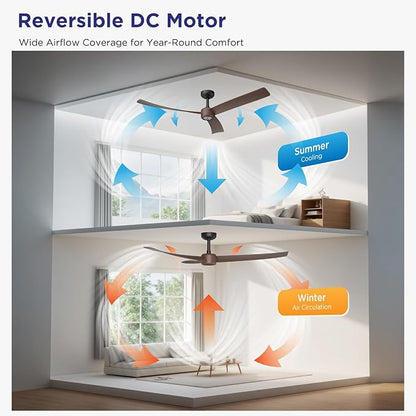 ocioc Ceiling Fans with Lights and Remote, 52 Inch Modern Ceiling Fan with Quiet Reversible DC Motor,Dimmable LED,6 Speeds,Timer, Ceiling Fan for Bedroom,Dining Room(Dark Walnut Finish)