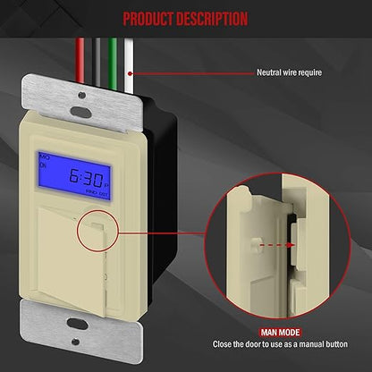 Enerlites 7 Days Digital in-Wall Programmable Timer Switch for Lights, Fans, and Motors, Single Pole, Neutral Wire Required, 7-Day 18 ON/Off Timer Settings, with Blue Backlight, HET01, Ivory