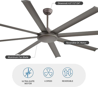 WINGBO 80 Inch Industrial Ceiling Fan without Light, 8 Aluminum Blades Ceiling Fan No Light, 6-Speed Reversible Noiseless DC Motor for Kitchen Bedroom Living Room, Charcoal Gray