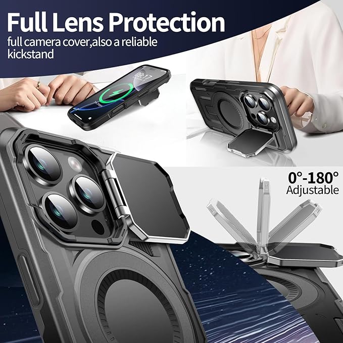 Camera Stand Case for iPhone 16 Pro Max, [Compatible with MagSafe] [Lens Cover] 2024 Version Military Grade Protective Soft Case for iPhone 16 Pro Max 6.9 inch Men Women, Black