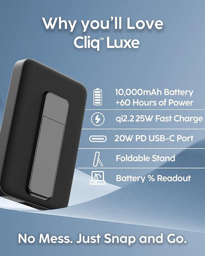 myCharge CliqLuxe Magnetic Wireless Power Bank 10,000mAh | iPhone & MagSafe Compatible | Qi2.2 25W Mag Safe Portable Charger | Built-in Stand | 20W PD USB-C Port | Premium Black Fabric