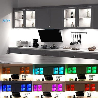 Under Cabinet LED Lights Kit. RGB Color Changing & Super Bright White Lighting. Dimmable with Remote. 6 pcs Linkable LED Light Strips with Power Supply, Extension Cords. Plug in. Max 24W. RGB + 5000K.
