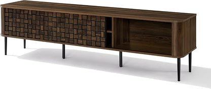 LuxenHome TV Stand for Living Room up to 80'' TVs, 71" Mid Century Modern Dark Oak Finish Wood with Basket Weave Design Entertainment Center with Storage, Media Console TV Console Cabinet for Entryway