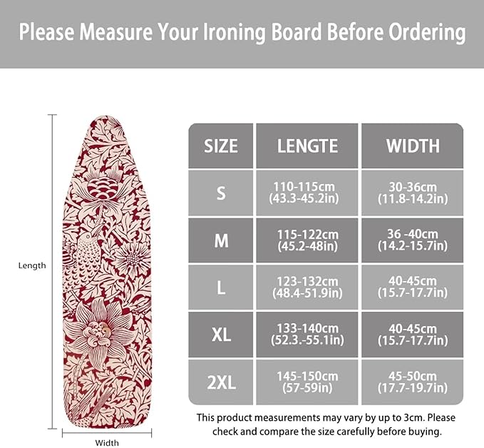 ZCFYGDX Vintage Red Floral Print Ironing Board Cover with Elastic Edge 3 Bottom Nylon Buckle Straps Breathable Resist Scorch Staining Suitable for Size-XL Iron Board House William Morris Decor