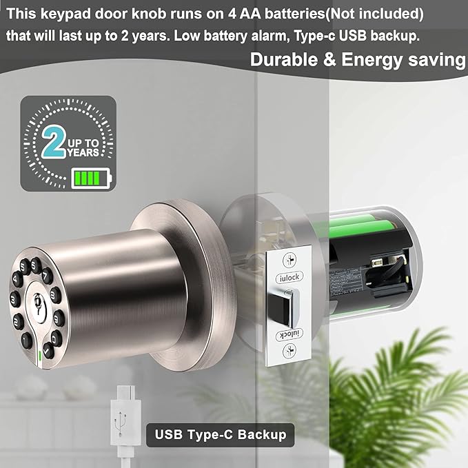 iulock Waterproof Electronic Door Knob with Keypad and Key, Auto Lock, Satin Nickel, 50 Codes, Easy to use and install for Office/Warehouse/Bedroom/Garage
