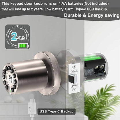 iulock Waterproof Electronic Door Knob with Keypad and Key, Auto Lock, Satin Nickel, 50 Codes, Easy to use and install for Office/Warehouse/Bedroom/Garage