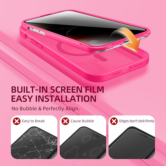 BERFY Magnetic for iPhone 14 Pro Max Case,Compatible with MagSafe,Built-in Privacy Screen Protector and Upgraded Camera Protection,Anti-Spy Full Body Shockproof Phone Case for 14 Pro Max 6.7",Hot Pink