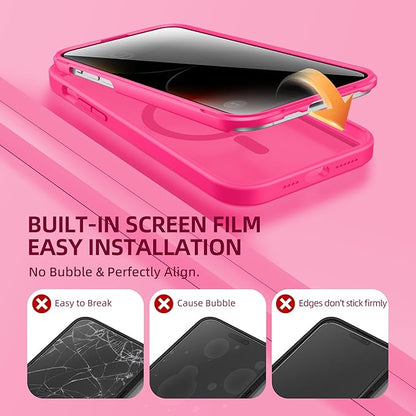 BERFY Magnetic for iPhone 14 Pro Max Case,Compatible with MagSafe,Built-in Privacy Screen Protector and Upgraded Camera Protection,Anti-Spy Full Body Shockproof Phone Case for 14 Pro Max 6.7",Hot Pink