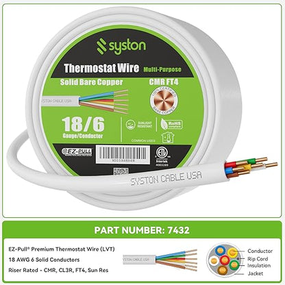 Syston 18/6 Thermostat Doorbell HVAC Heating Control Cable Wire, 18 AWG 6 Conductors 100% Solid Copper Conductors CL3R/FT4/CMR Riser-Rated, UV Resistant RoHS for Low Voltage Applications Use
