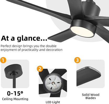 WINGBO 48 Inch DC Ceiling Fan with Lights and Remote Control, 5 Carved Solid Wood Blades, 6-Speed Noiseless Reversible DC Motor, Indoor Ceiling Fan in Matte Black Finish with Black Blades