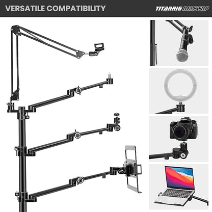 TARION Overhead Camera Desk Mount: 4-in-1 Heavy Duty Mount Set with 1 Mic Boom Stand + 3 Articulating Arms for DSLR Cameras Ring Light Monitor Laptop - Live Stream Stand TitanRig Desk