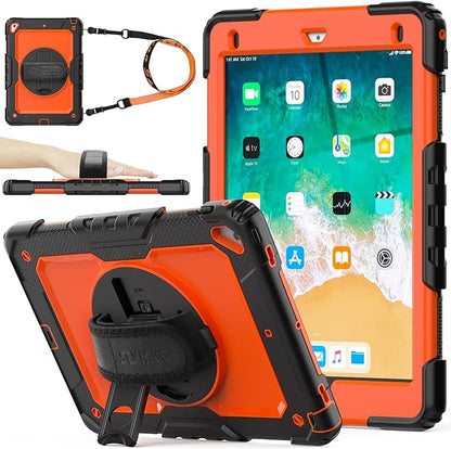 SEYMAC stock Case for iPad 6th / 5th Generation Case/Air 2 / Pro 9.7 inch, Heavy Duty Protective with Screen Protector, with Pencil Holder, Hand Strap, Shoulder Strap, 360 Rotate Stand, Orange+Black