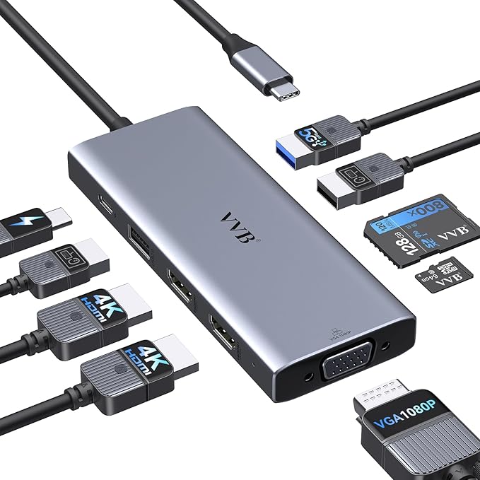 USB C Docking Station Dual Monitor HDMI Adapter for Dell HP Lenovo,Laptop Docking Station 3 Monitors USB C Hub Multiple Adapter Dongle with 2 HDMI 4K+VGA+100W PD Charger+3 USB Port+SD/TF Card Reader