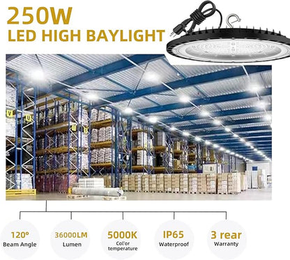 2Pack UFO LED High Bay Light 250w, 5000K,36,000LM, 5 ft cable with Us Plug UL Certified Plug,Hanging HookIP65 Commercial Warehouse Area Light for Wet Location Area, Workshop, Garage, Factory Barn