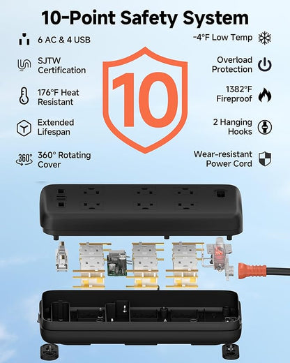 Iwister Outdoor Power Strip Weatherproof IPX6,6 Ft Extension Cord,4 USB Ports & 6 Wide Outlets for Multiple Devices,Wall Mountable for Yard,Workshop,Poolside,RV Camping,Black