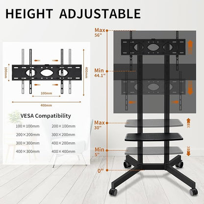 Solid Grace Rolling TV Stand with Power Outlet for 32-75 Inch TVs up to 88lbs, Portable TV Stand with Shelf, Mobile TV Cart for Living Room, Office, Meeting Room, Outdoor(with Power Outlet+Shelf)
